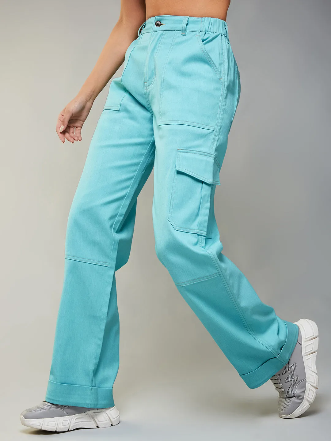 Women's Turquoise Wide-Leg High Rise Clean Look Regular-Length Stretchable Denim Pants